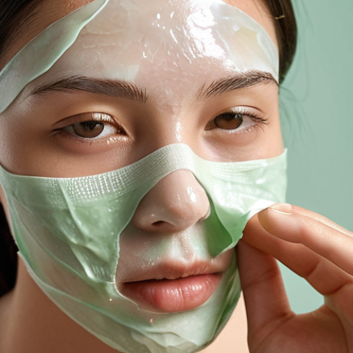 Home 6 **
Prompt: Close-up of a woman gently peeling off a soothing, translucent peel-off mask. Soft, diffused lighting. Focus on the calm, hydrated skin underneath, highlighting a healthy glow. Subtle details like aloe vera or chamomile visible in the mask texture. Pastel colors, emphasis on skincare.
**